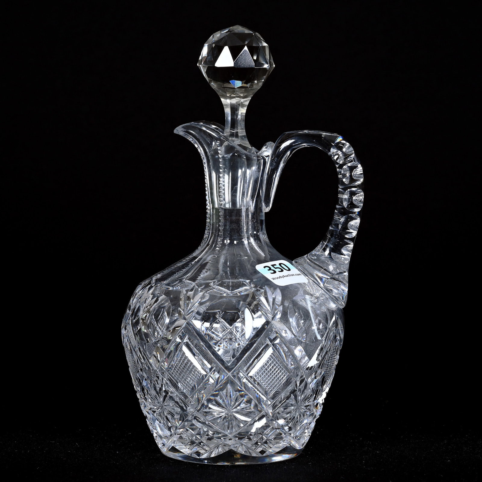 Decanter, American Brilliant Cut Glass: Decanter, American Brilliant Cut Glass, 7.75" x 4.25", Strawberry Diamond, Star, Bullseye And Crosscut Diamond Motif, Ray Cut Base, Patricia (Pat) Van Carpels Collection.