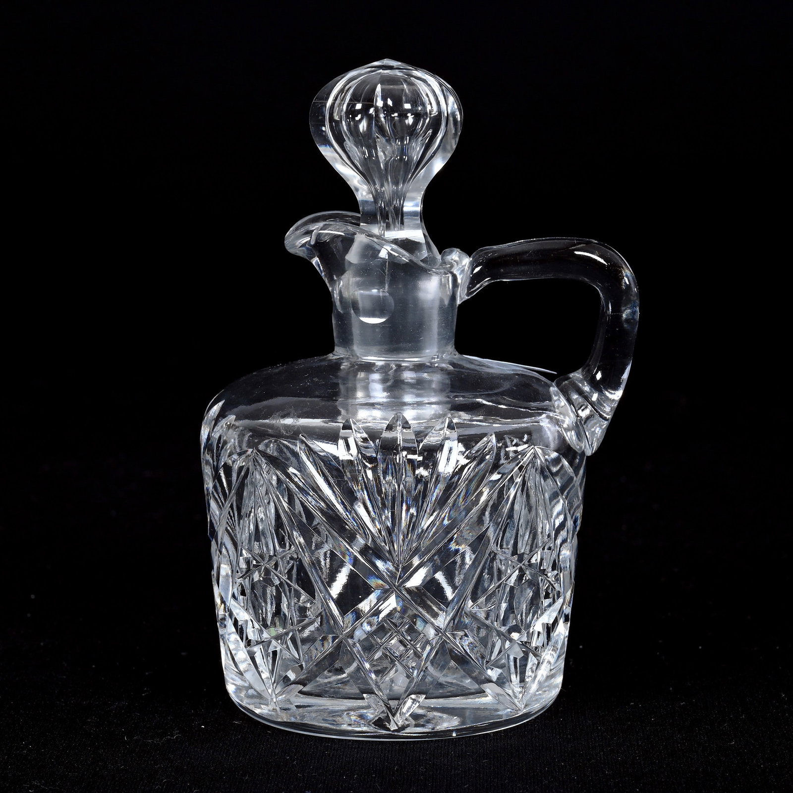 Miniature Whiskey Jug, American Brilliant Cut Glass: Miniature Whiskey Jug, American Brilliant Cut Glass, 4.5" x 3", Hobstar, Diamond And Fan Motif, Ray Cut Base, Patricia (Pat) Van Carpels Collection.