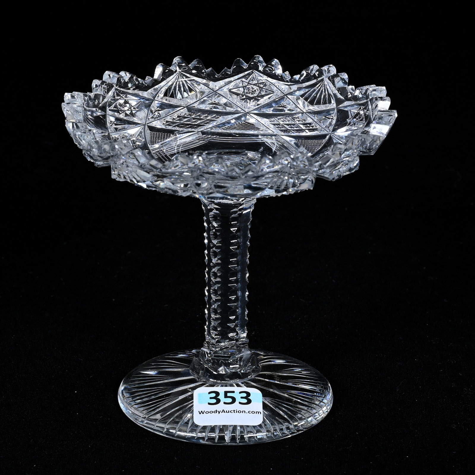 Miniature Compote, American Brilliant Cut Glass: Miniature Compote, American Brilliant Cut Glass, 4" x 4", Hobstar, Crosscut Diamond, Strawberry Diamond And Fan Motif, Solid Notched Stem, Ray Cut Foot, Rim Chip, Patricia (Pat) Van Carpels Collection