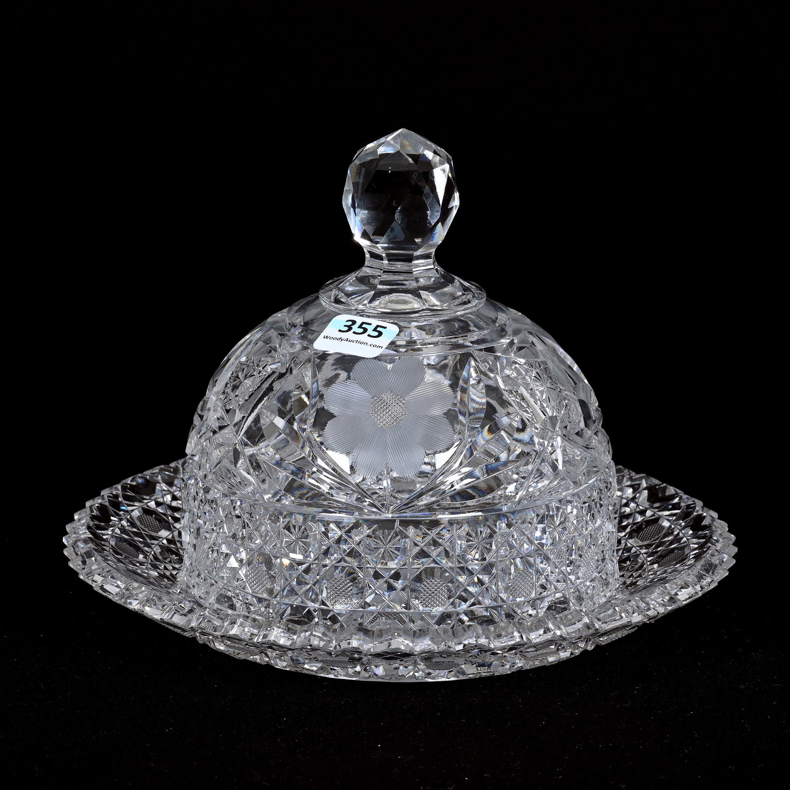 Covered Butterdish, American Brilliant Cut Glass: Covered Butterdish, American Brilliant Cut Glass, 6" x 8", Harvard And Engraved Floral Pattern, Tooth Chips On Underplate, Patricia (Pat) Van Carpels Collection.