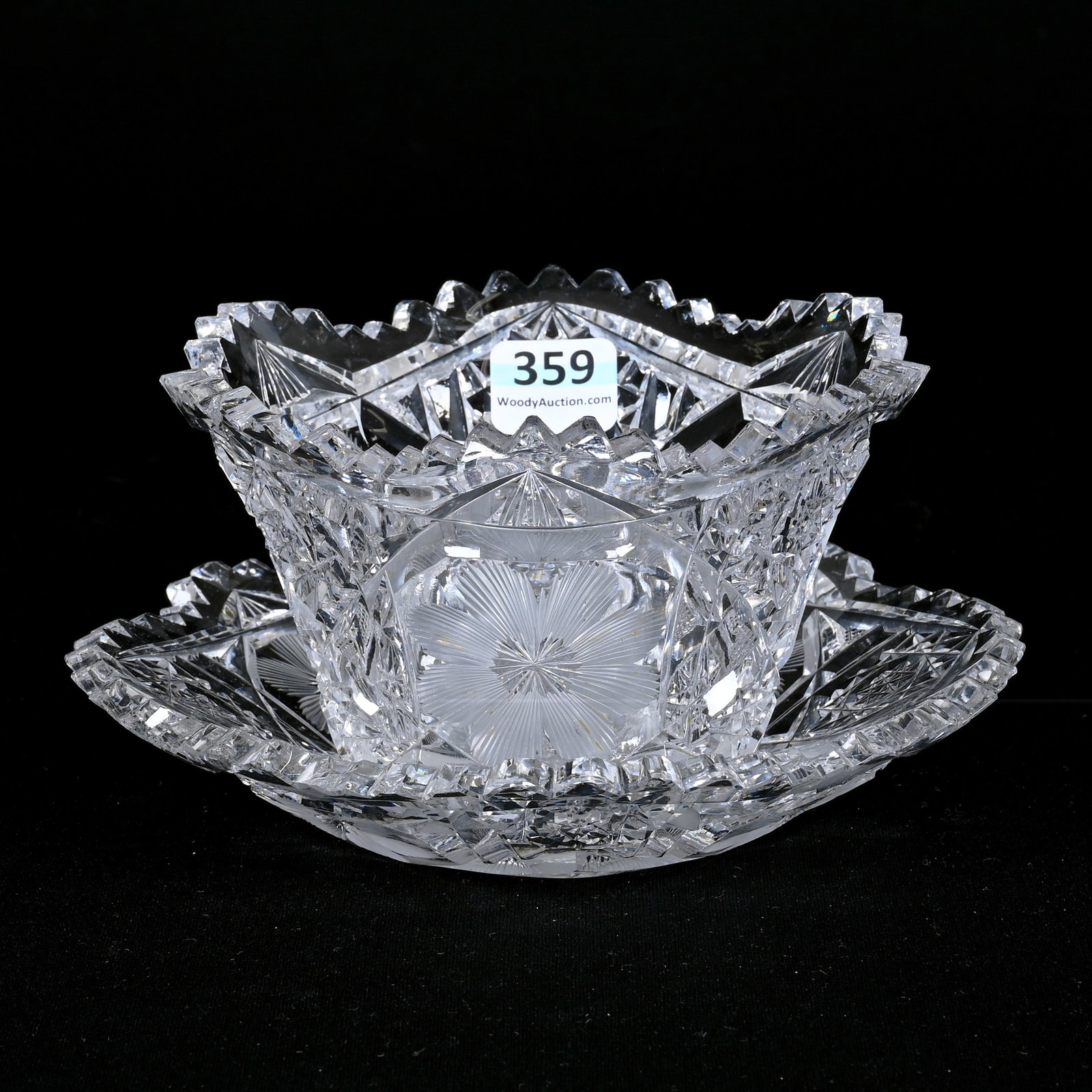 Mayonnaise Bowl/Underplate, ABCG: Mayonnaise Bowl/Underplate, ABCG, 3.25" x 6.25", Hobstar And Engraved Floral Motif, Some Tooth Chips On Both Pieces, Patricia (Pat) Van Carpels Collection.