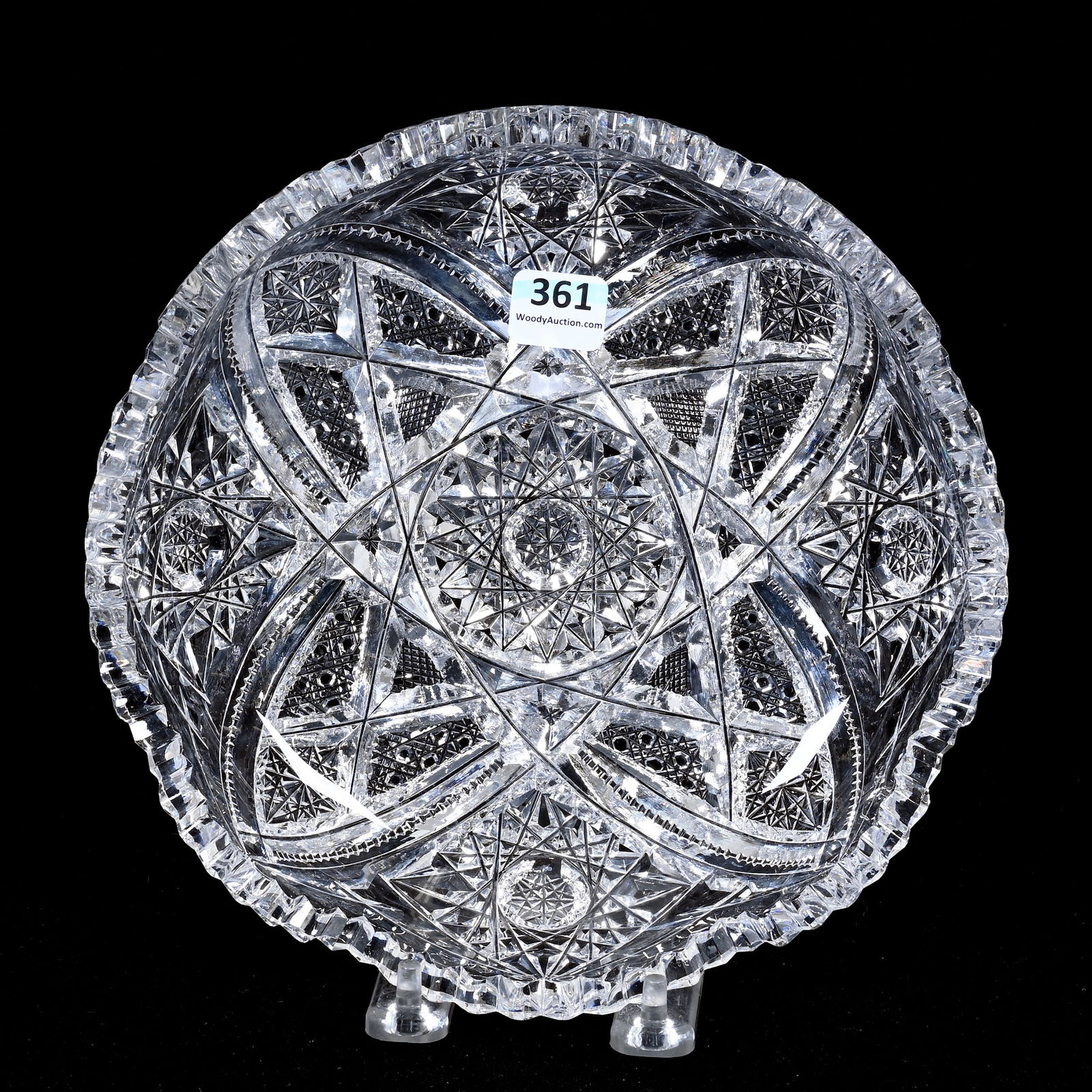 Low Bowl, American Brilliant Cut Glass: Low Bowl, American Brilliant Cut Glass, 8.25", Hobstar, Vesica, Cane And Prism Motif, Light Interior Rim Nicks, Patricia (Pat) Van Carpels Collection.