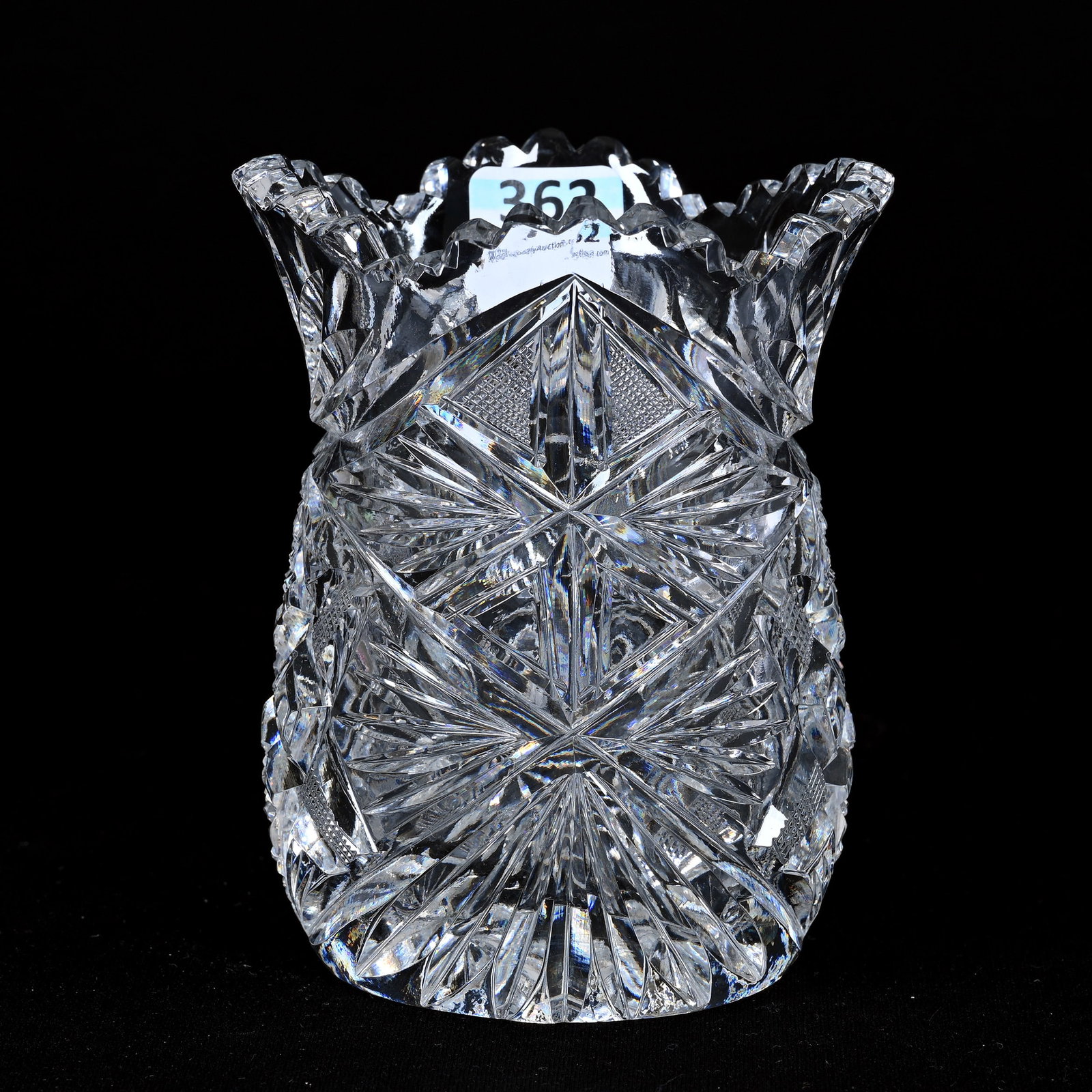 Spooner, American Brilliant Cut Glass: Spooner, American Brilliant Cut Glass, 4.5" x 3.5", Hobstar, Strawberry Diamond And Fan Motif, Ray Cut Base, Patricia (Pat) Van Carpels Collection.