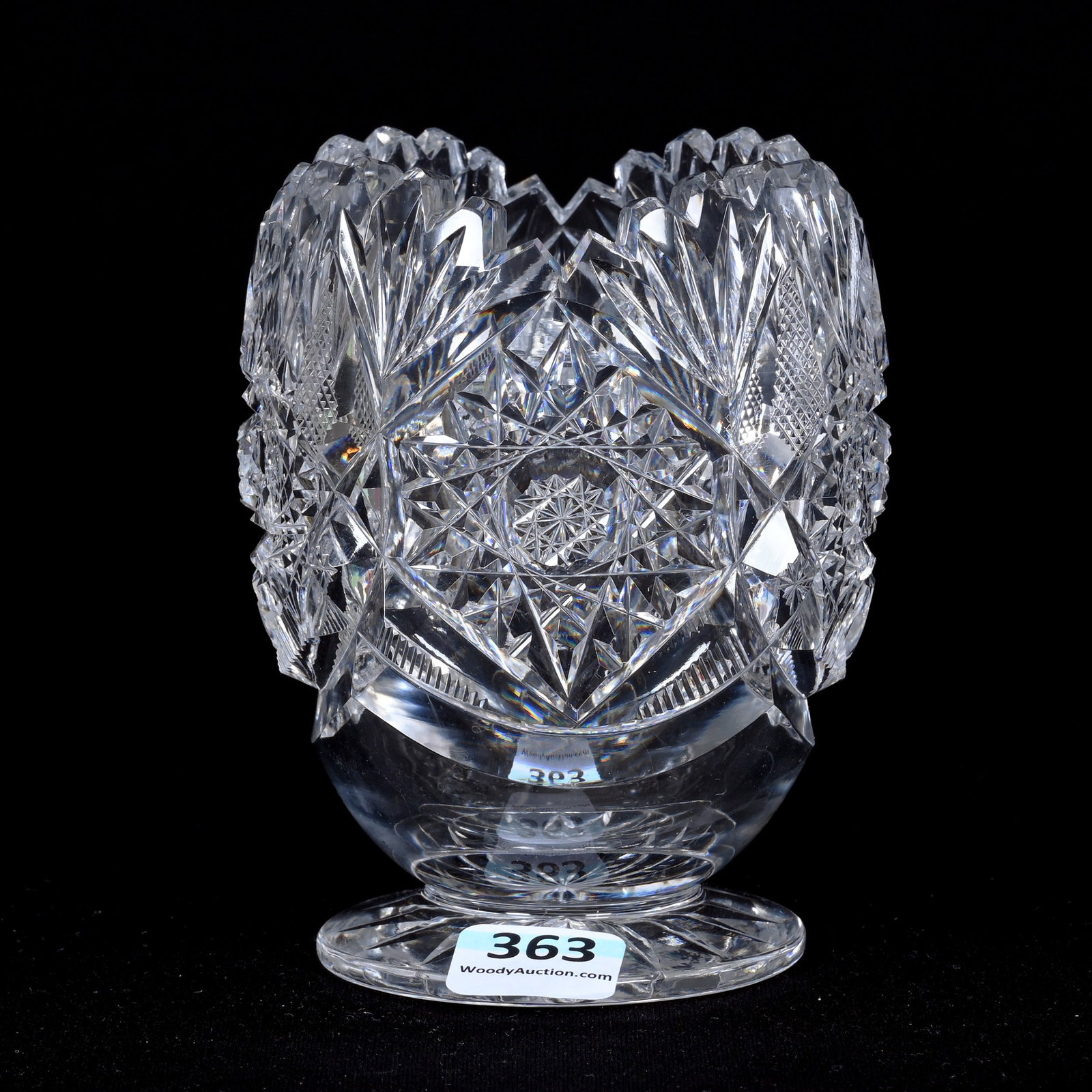 Pedestal Spooner, American Brilliant Cut Glass: Pedestal Spooner, American Brilliant Cut Glass, 4.5" x 3.25", Hobstar, Vesica, Strawberry Diamond, Zipper And Fan, Ray Cut Foot, One Tooth Chip, Patricia (Pat) Van Carpels Collection.