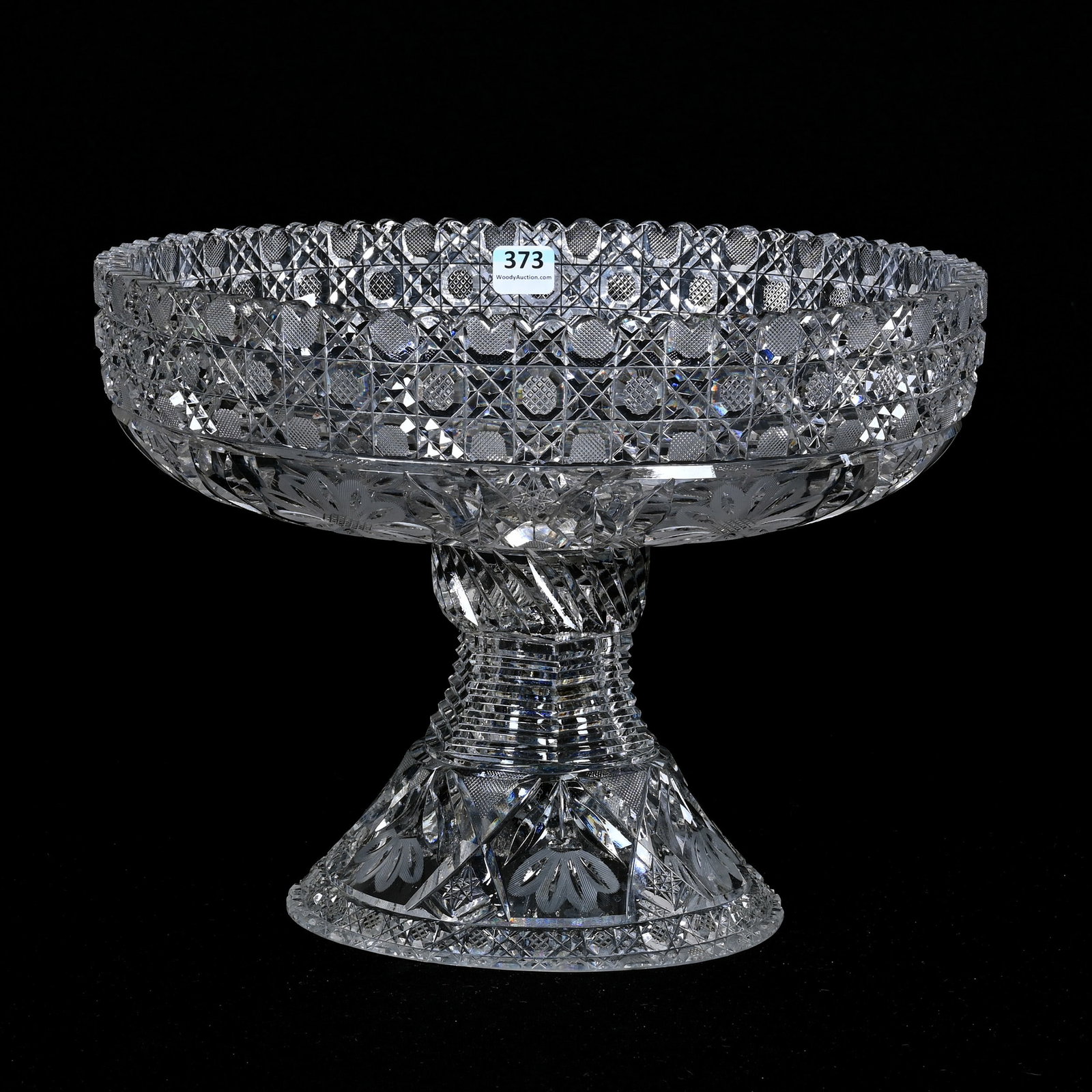 Punch Bowl, Two Part, American Brilliant Cut Glass: Punch Bowl, Two Part, American Brilliant Cut Glass, 8.75" x 11.75", Unique Form Features Harvard Border With Engraved Floral And Hobstar Motif, Small Nick On Base, Chip On Stob Of Bowl, Patricia (Pat)