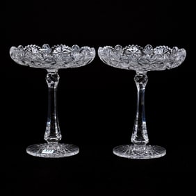 Pair Compotes, American Brilliant Cut Glass, Signed Sinclaire