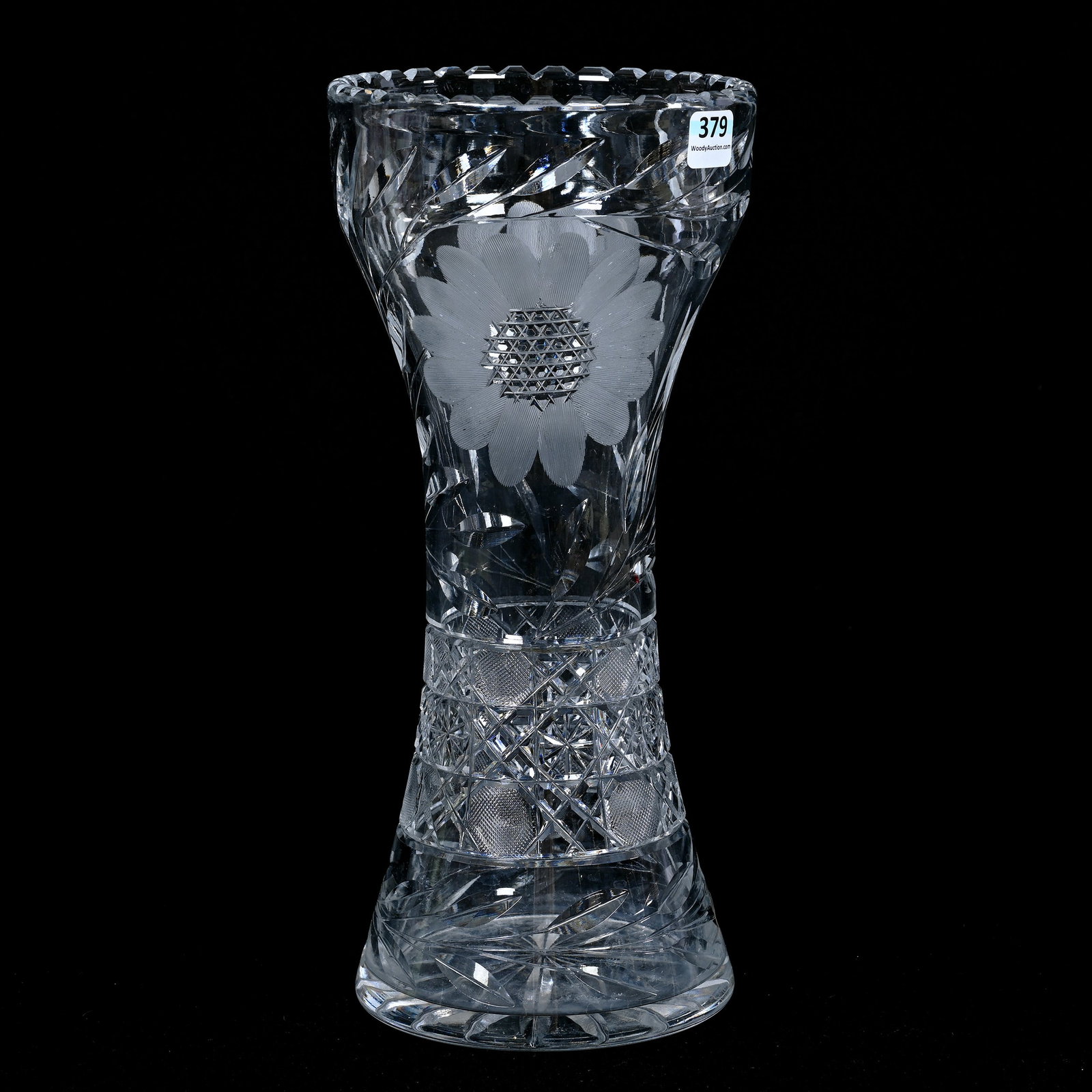 Corset Vase, American Brilliant Cut Glass: Corset Vase, American Brilliant Cut Glass, 12" x 5.5", Engraved Floral With Nailhead Diamond Centers, Harvard Band, Ray Cut Base, Patricia (Pat) Van Carpels Collection.