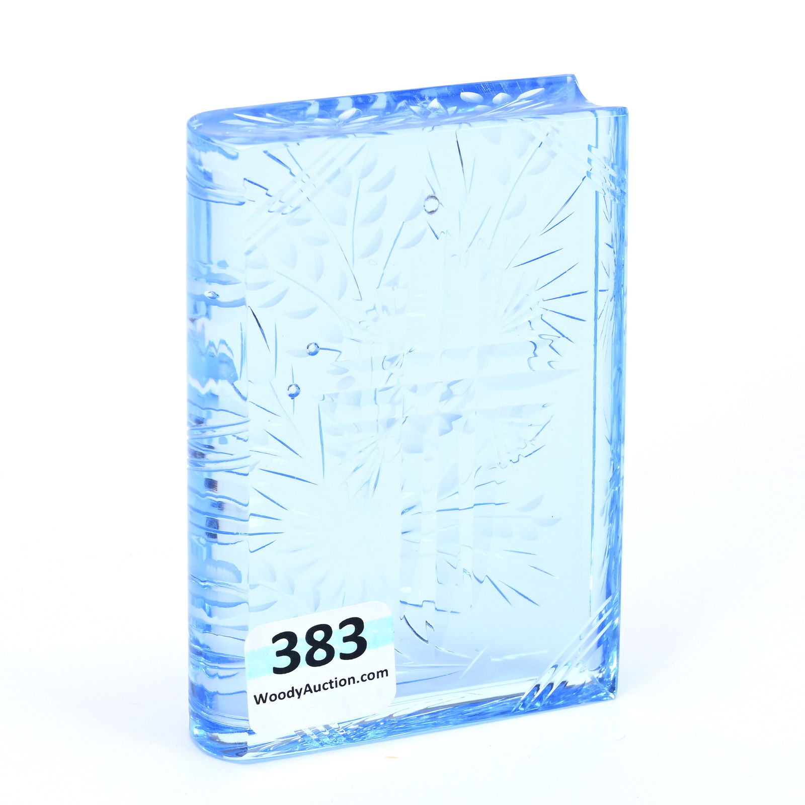 Paperweight, Cut Glass, In Form Of Book, Solid Blue: Paperweight, Cut Glass, In Form Of Book, Solid Blue, 3.5" x 2.5", Engraved Floral Design, Unknown Maker, Patricia (Pat) Van Carpels Collection.