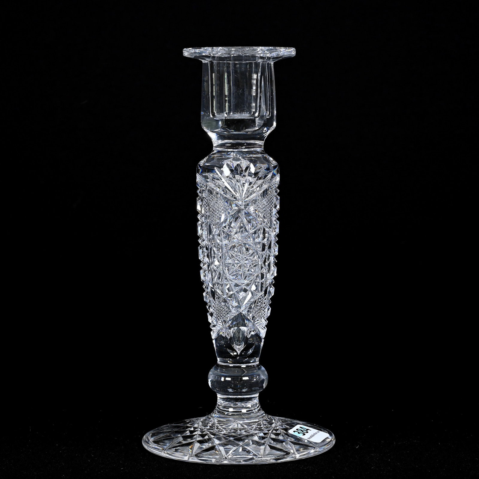 Candlestick, American Brilliant Cut Glass: Candlestick, American Brilliant Cut Glass, 8" x 4", Hobstar, Strawberry Diamond, Cane And Fan Motif, Hobstar Foot, Patricia (Pat) Van Carpels Collection.