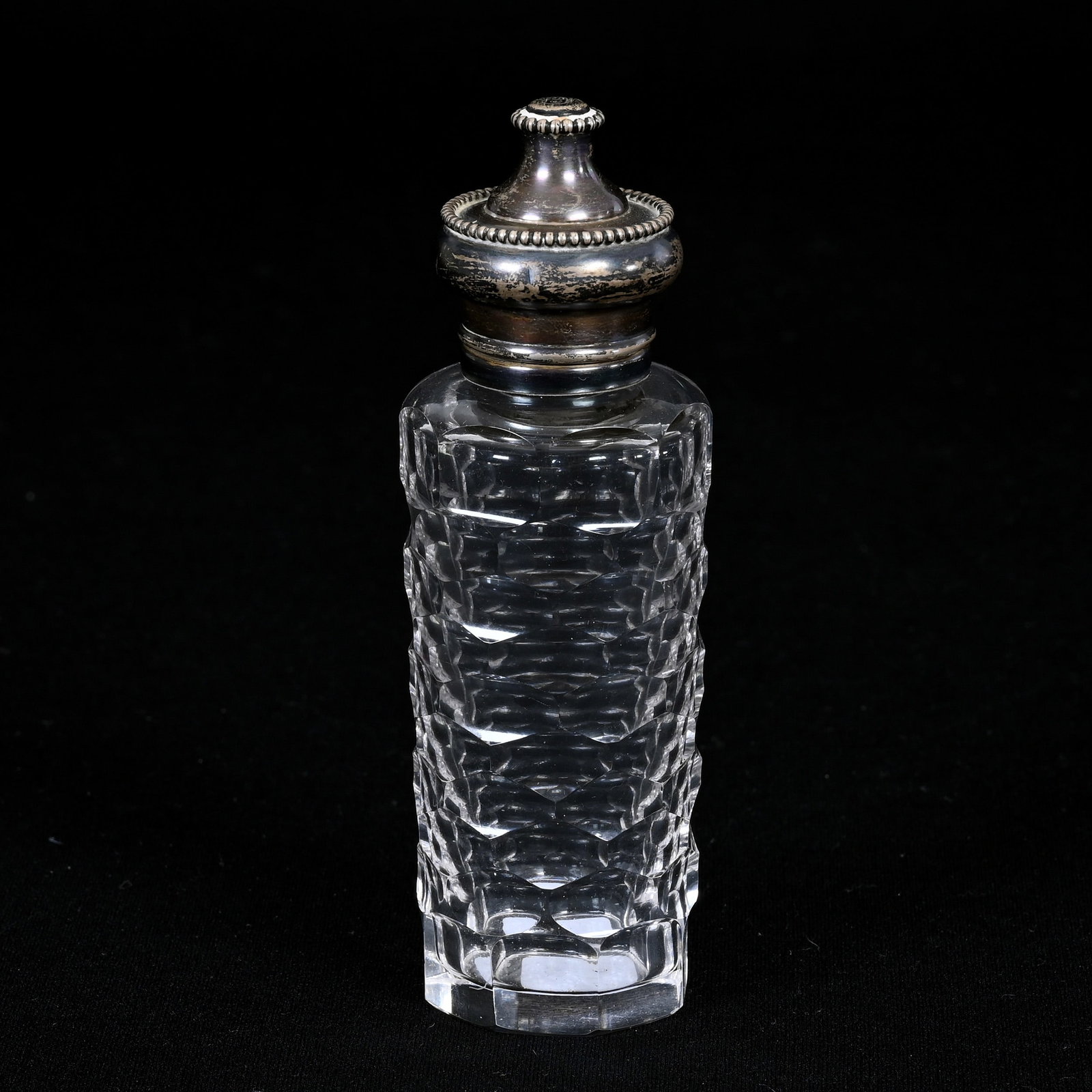 Talc Jar, American Brilliant Cut Glass: Talc Jar, American Brilliant Cut Glass, 5" x 1.75", Honeycomb Pattern, Sterling Silver Top, Patricia (Pat) Van Carpels Collection.