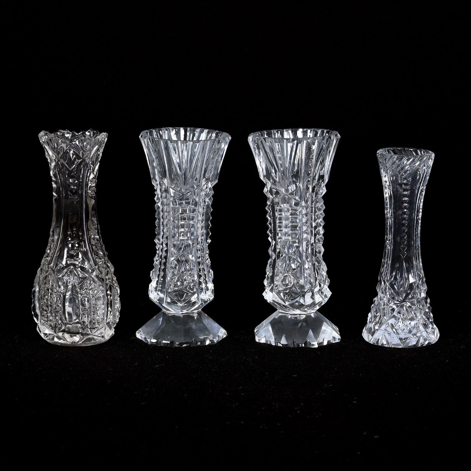 (4) Miniature Vases, Brilliant Period Cut Glass: (4) Miniature Vases, Brilliant Period Cut Glass, 4" approximately, Various Forms And Patterns, Includes One Matching Pair, See Photos For Details, Patricia (Pat) Van Carpels Collection.