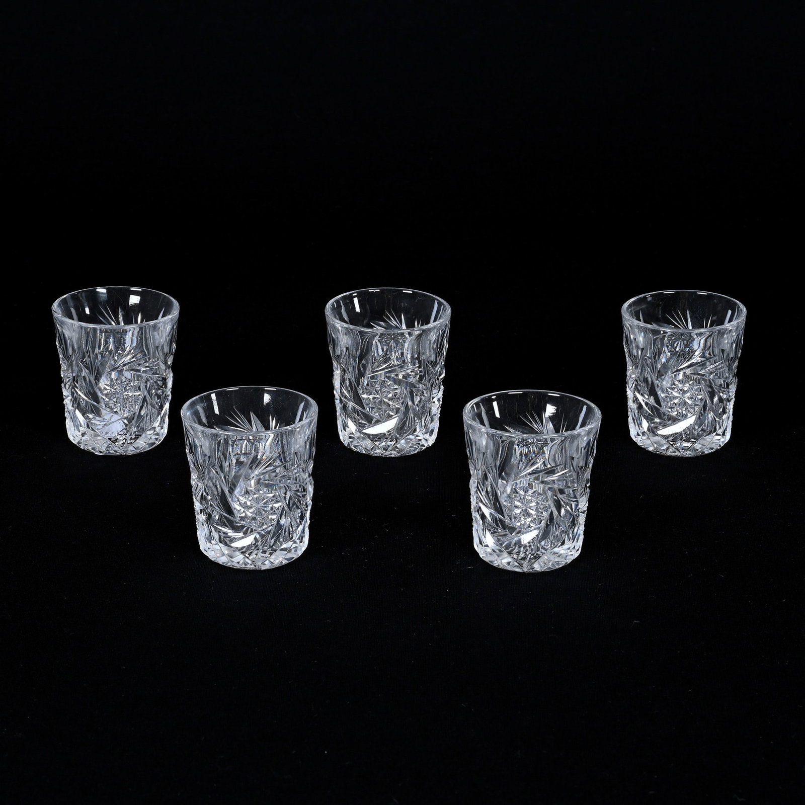 (5) Whiskey Tumblers, American Brilliant Cut Glass: (5) Whiskey Tumblers, American Brilliant Cut Glass, 2" x 2", Pinwheel, Crosscut Diamond And Fan Motif, Ray Cut Base, Patricia (Pat) Van Carpels Collection.