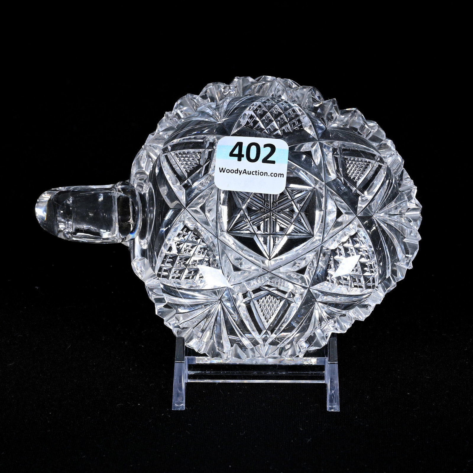 Miniature Handled Nappy, American Brilliant Cut Glass: Miniature Handled Nappy, American Brilliant Cut Glass, 1.5" x 4.5", Harvard Pattern By Libbey, Cute Form, Patricia (Pat) Van Carpels Collection.