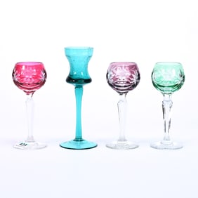 (3) Cordial Stems, Cut Glass, Color Cut To Clear