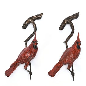 Pair Sculptures, Solid Bronze Cardinal On Branch