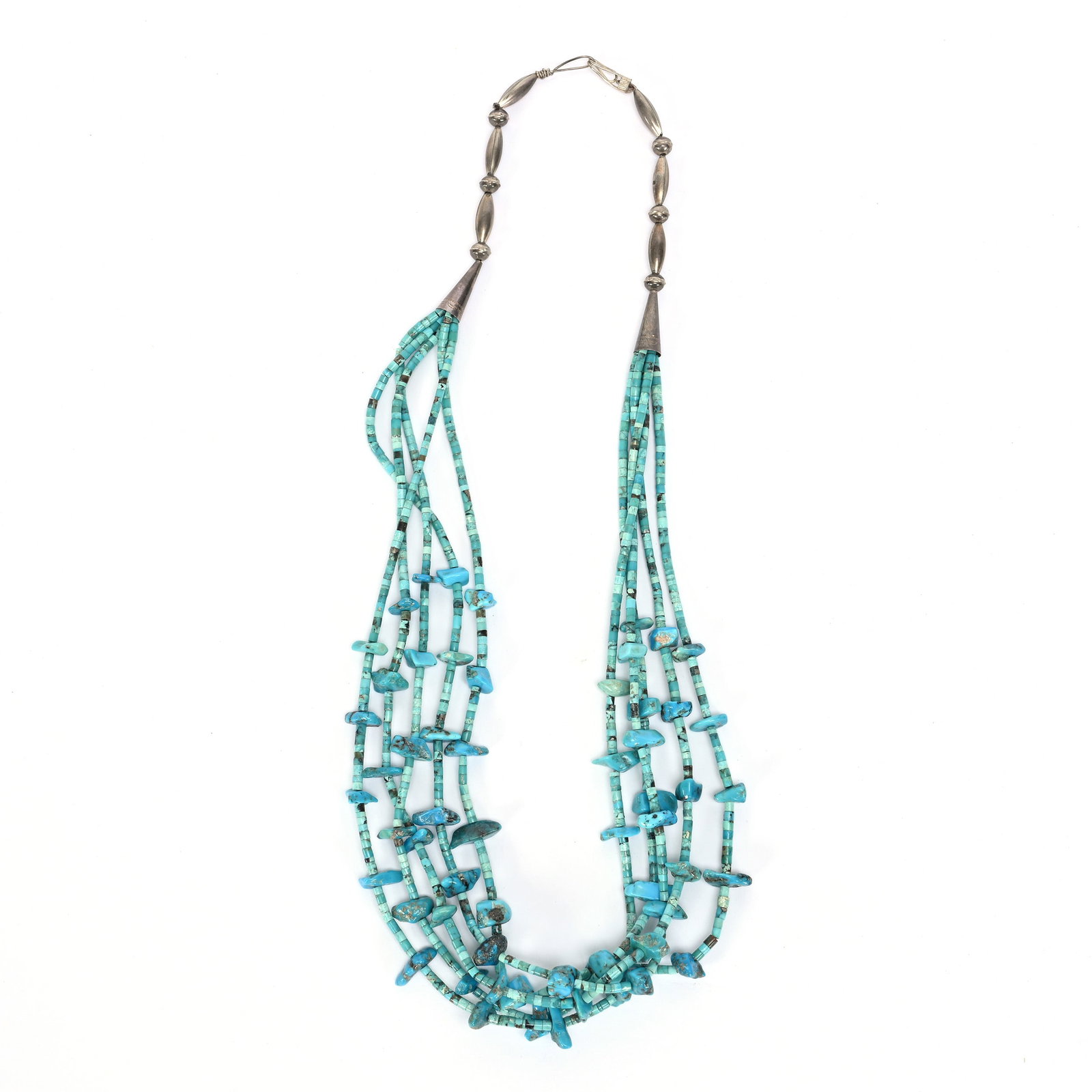 Necklace, Authentic Indian Five Strand Turquoise: Necklace, Authentic Indian Five Strand Turquoise, 29", Silver Clasp Fittings, No Maker's Marks Identified, Karin & The Late Dr. Ernest Rieger Collection.