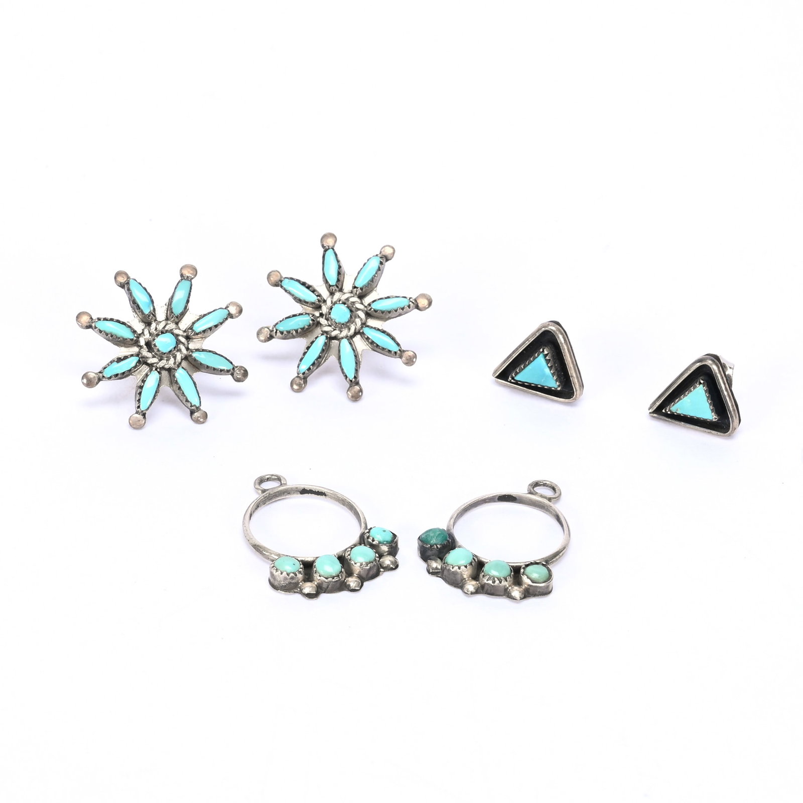 (3) Earring Sets, American Indian, Turquoise/Silver: (3) Earring Sets, American Indian, Turquoise/Silver, (1) Star Design, (1) Triangular Design, (1) Hoop Design, Karin & The Late Dr. Ernest Rieger Collection.