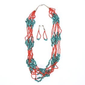 Necklace, American Indian Turquoise/Coral, 8 Strand