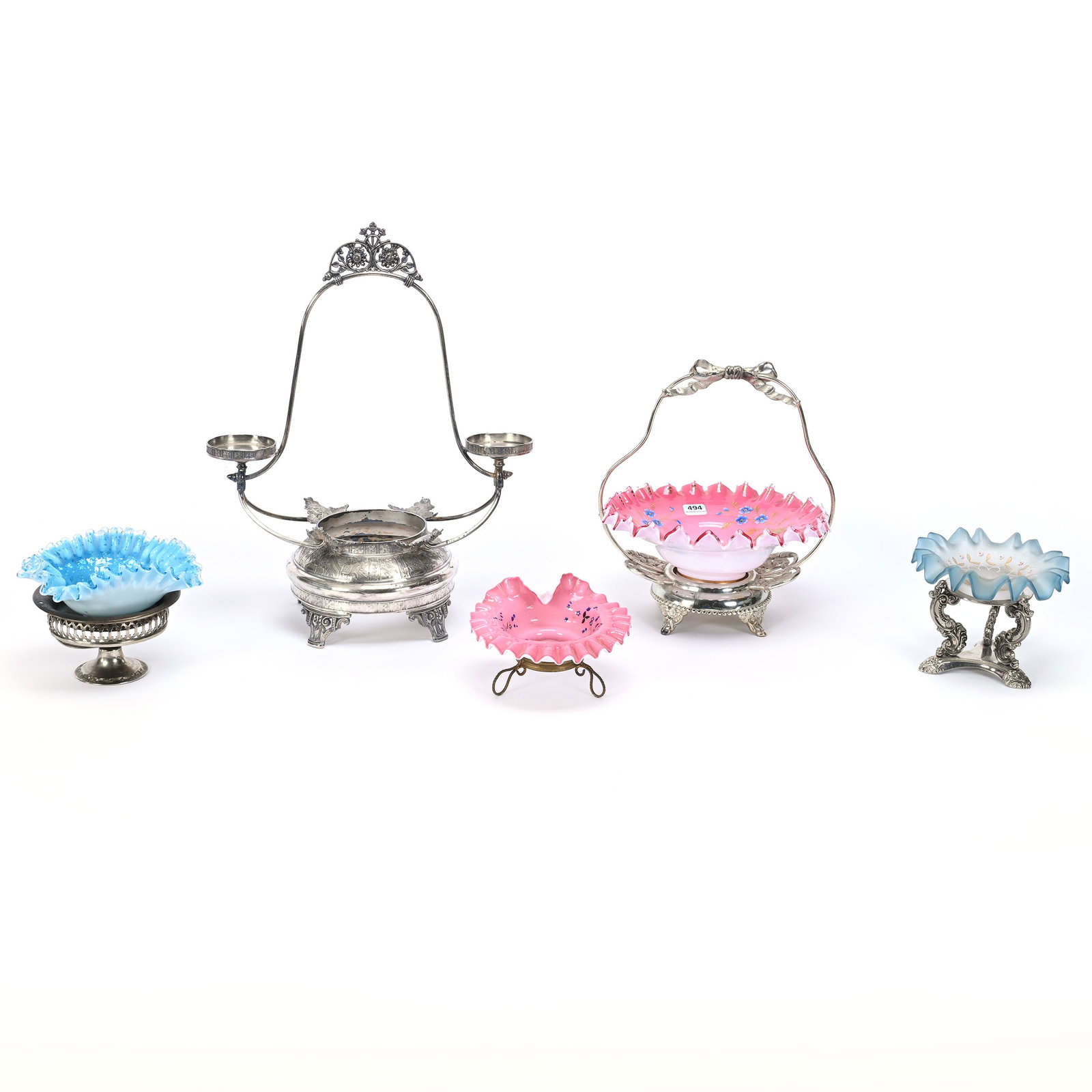 (4) Victorian Brides Baskets: (4) Victorian Brides Baskets, Mixture Of Cased Art Glass Bowls In Various Colors And Designs Set On Various Stands, Bowls Do Not Necessarily Fit Stands, One Extra Stand Is Marked Aurora #120 (Stand Ne