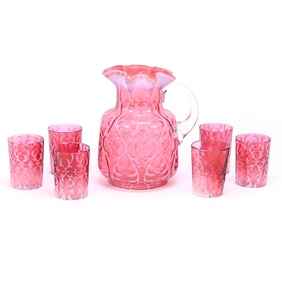 Water Set, Cranberry Opalescent Spanish Lace Pattern