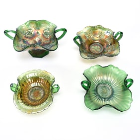 (4) Bon-Bons With Two Handles, Carnival Glass, Green