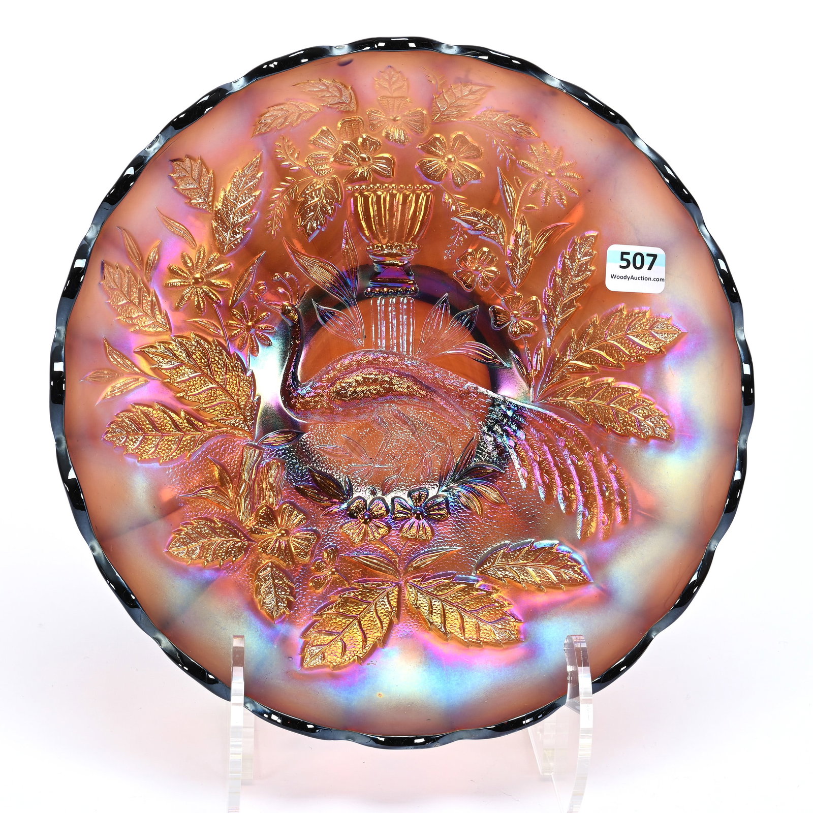 Ice Cream Bowl, Carnival Glass, Peacock At Urn: Ice Cream Bowl, Carnival Glass, Peacock At Urn, 10", By Northwood, Amethyst With Exceptional Iridescence, Kansas Private Collection.