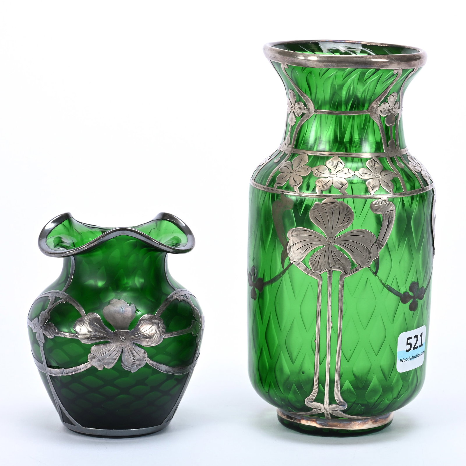 (2) Green Diamond Quilted Vases, Art Glass: (2) Green Diamond Quilted Vases, Art Glass, Silver Overlay, (1) 8.5" X 3.25", Missing Some Silver Overlay, (1) 3.5" X 3", Serious Rim Damage With Crack At Rim, Sidlinger Estate Collection, North Carol