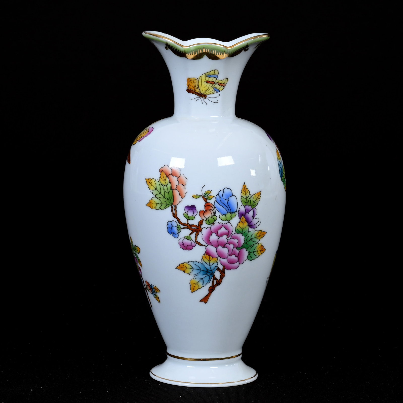 Vase Marked Herend Porcelain: Vase Marked Herend Porcelain, 7.25" x 3.5", White With Green Border, Colorful Butterfly And Floral Decor, Collection Of Charles Steinberg & Violetta Landek.