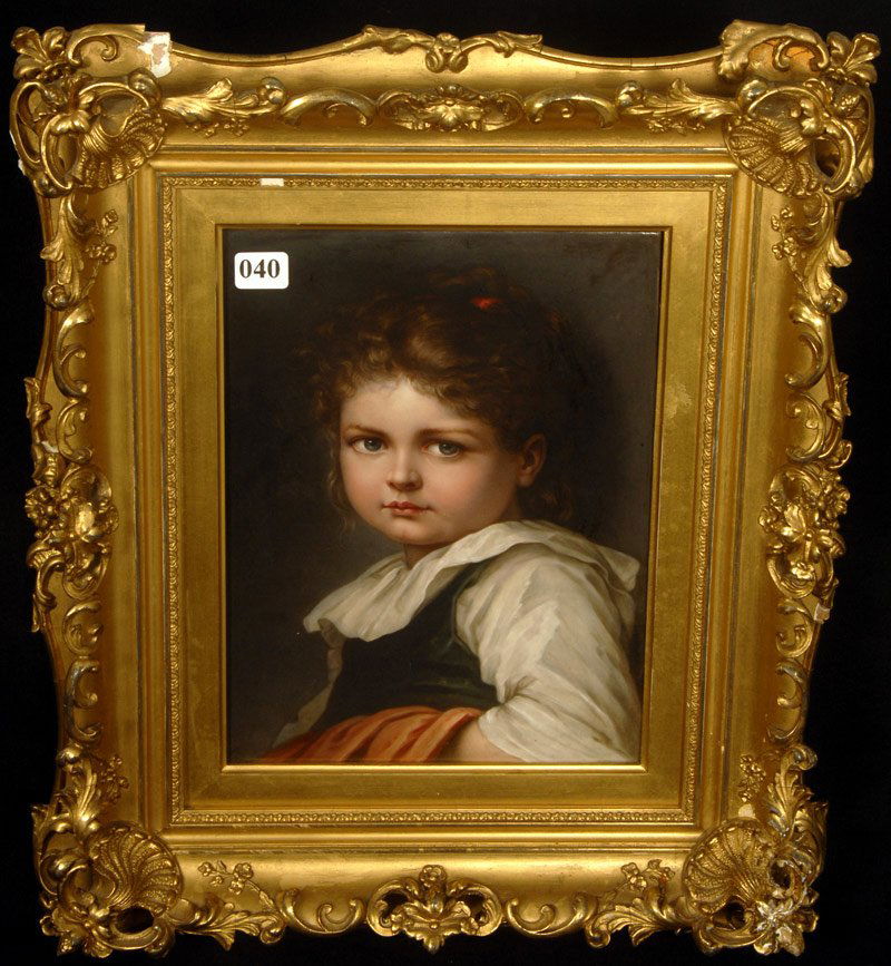 MAGNIFICENT 10" X 7 1/2" MARKED KPM PORCELAIN PLAQU: MAGNIFICENT 10" X 7 1/2" MARKED KPM PORCELAIN PLAQUE SET IN ORNATE GILT WOODEN FRAME MEASURING 16 1/2" X 13 1/3" - OUTSTANDING PORTRAIT OF YOUNG GIRL - ARTIST SIGNED "O. GAGEL" - MARKED ON BACK "STUDI