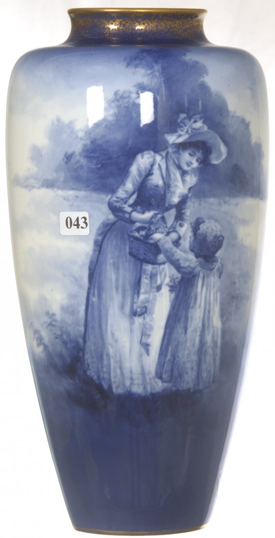 UNUSUAL 14 1/4" MARKED "ROYAL DOULTON FLAMBE" BABE: UNUSUAL 14 1/4" MARKED "ROYAL DOULTON FLAMBE" BABES IN WOODS FLOW BLUE VASE SCENE OF LADY AND GIRL WITH BASKET
