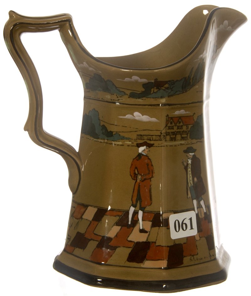 7" DELDARE WARE BUFFALO POTTERY EIGHT SIDED MILK PI: 7" DELDARE WARE BUFFALO POTTERY EIGHT SIDED MILK PITCHER SCENES INCLUDE "SO SPARE AN OLD BROKEN SOLDIER" AND "TO ADVISE ONE IN A WHISPER"