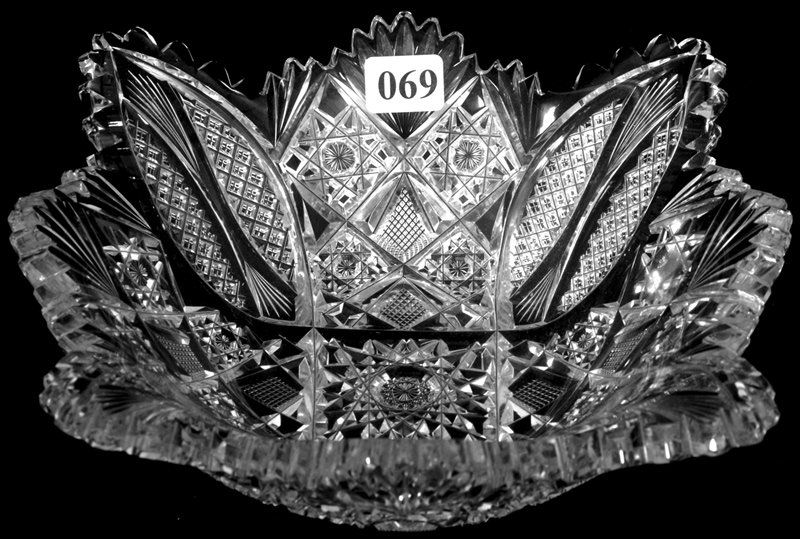 2 3/4" X 8" SIGNED HAWKES AMERICAN BRILLIANT CUT GL: 2 3/4" X 8" SIGNED HAWKES AMERICAN BRILLIANT CUT GLASS SQUARE BOWL HOBSTAR, STRAWBERRY DIAMOND, CROSSCUT DIAMOND, VESICA AND FAN MOTIF