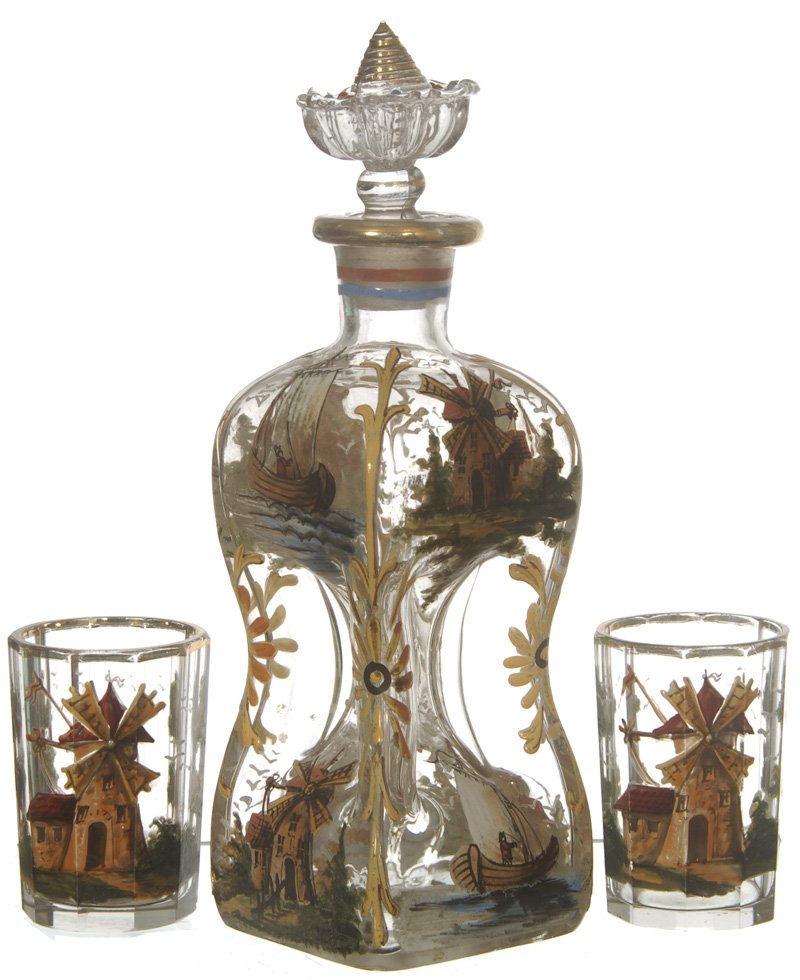7" LOBMEYER ART GLASS LIQUEUR BOTTLE AND (2) MATCHI: 7" LOBMEYER ART GLASS LIQUEUR BOTTLE AND (2) MATCHING SHOT GLASSES CLEAR WITH EXTENSIVE MILL AND SAILBOAT SCENIC DECOR - UNIQUE SQUARE CORSET SHAPED BOTTLE - NICE SET