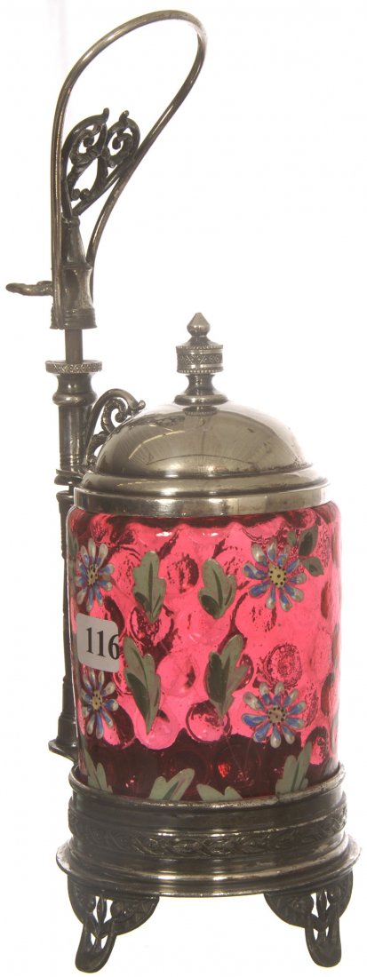 11" PICKLE CASTOR: 11" PICKLE CASTOR CRANBERRY COINSPOT INSERT WITH ENAMEL DAISY AND LEAF DECOR - SET ON UNIQUE MARKED PAIRPOINT #617 SILVERPLATE FRAME FEATURING ROTATING LID