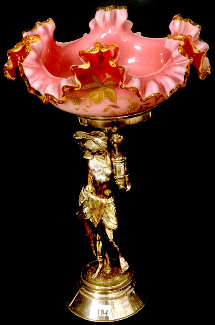 17 1/2" X 10 1/2" VICTORIAN BRIDES BASKET: 17 1/2" X 10 1/2" VICTORIAN BRIDES BASKET WEBB PINK CASED ART GLASS RUFFLED BOWL WITH GOLD ENAMEL LEAF DECOR - SET ON ORNATE ROGERS SMITH FIGURAL EGYPTIAN SILVERPLATE STAND