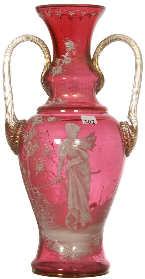 BEAUTIFUL 15 1/4" CRANBERRY ART GLASS TWO-HANDLED: BEAUTIFUL 15 1/4" CRANBERRY ART GLASS TWO-HANDLED URN SHAPED VASE MARY GREGORY SCENE OF WOMAN NEAR FENCE - CLEAR RIBBED HANDLES WITH APPLIED GOLD HIGHLIGHTS