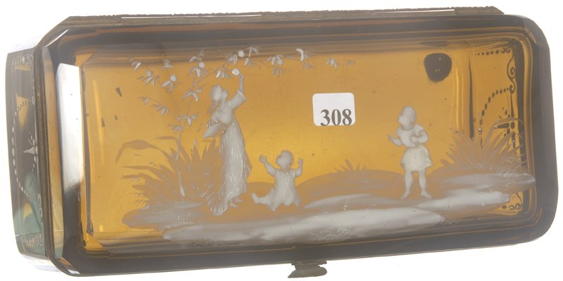RARE 4 1/4" X 10 1/4" DARK AMBER ART GLASS HINGED: RARE 4 1/4" X 10 1/4" DARK AMBER ART GLASS HINGED GLOVE BOX MARY GREGORY SCENE OF WOMAN PICKING APPLES WITH YOUNG CHILDREN WATCHING - ONE CHILD FIGURE HAS MINOR PAINT TOUCH UP - EXTRA NICE