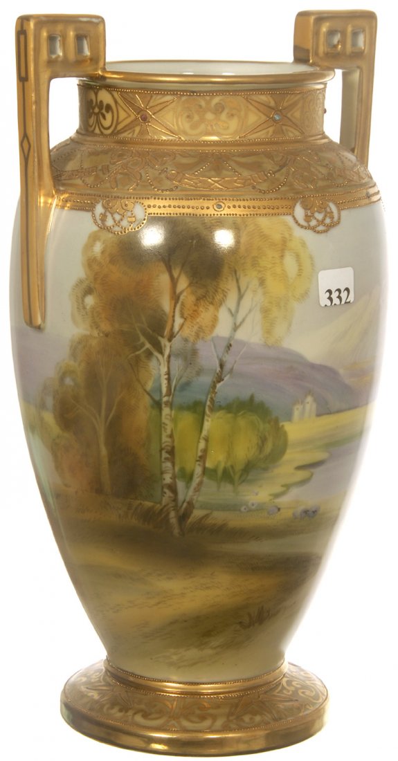13" NIPPON (GREEN WREATH MARK) TWO HANDLED VASE: 13" NIPPON (GREEN WREATH MARK) TWO HANDLED VASE FIELD, LAKE AND MOUNTAIN SCENIC DECOR - HEAVY GOLD TRIM
