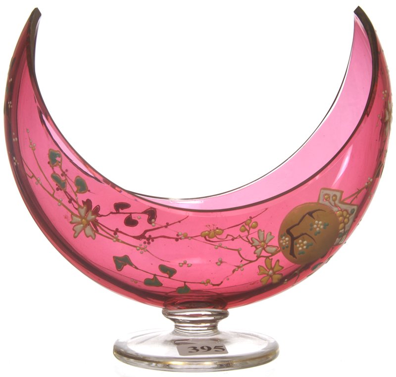 6 1/2" X 7" CRANBERRY ART GLASS PEDESTAL CRESCENT: 6 1/2" X 7" CRANBERRY ART GLASS PEDESTAL CRESCENT MOON VASE ENAMEL FLORAL DECOR - ATTRIBUTED TO MOSER