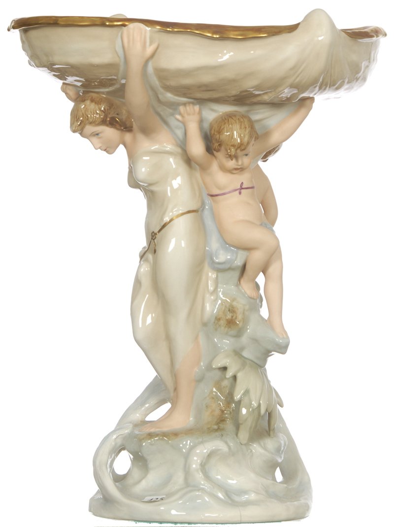 20" X 16" ROYAL DUX (PINK TRIANGLE & BLUE STAMP MA: 20" X 16" ROYAL DUX (PINK TRIANGLE & BLUE STAMP MARK) FIGURAL CENTERPIECE BOWL WOMAN AND TWO CHERUBS - HIGH GLAZE - does have significant base crack separation of approximately 6"