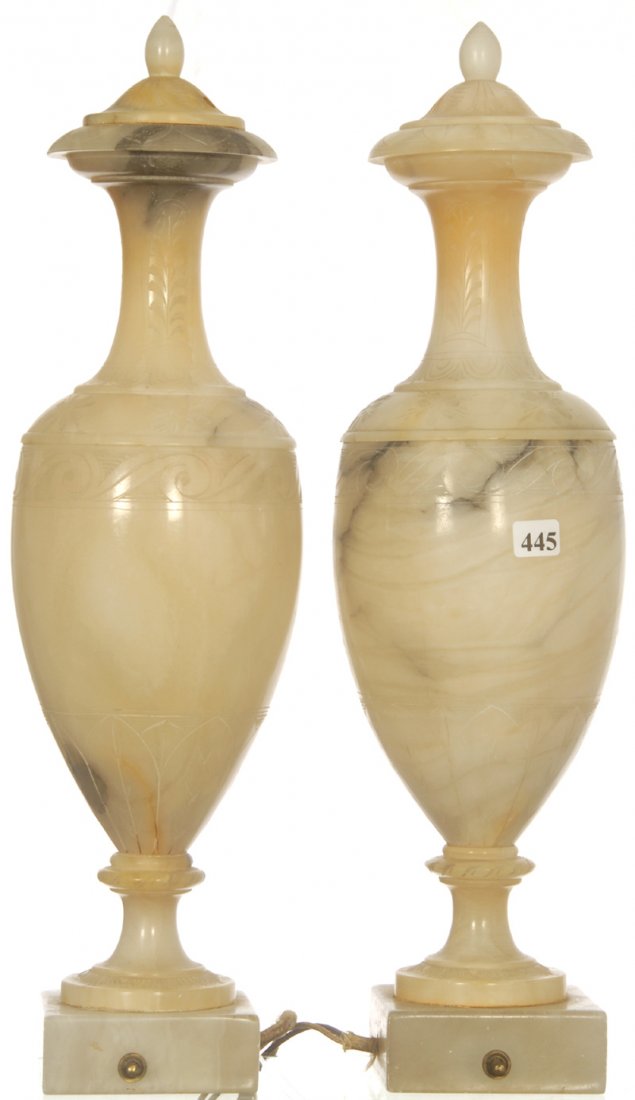 PAIR 19" WHITE ALABASTER ART DECO URN LAMPS: PAIR 19" WHITE ALABASTER ART DECO URN LAMPS LIGHTLY ENGRAVED FLORAL DESIGN - ELECTRIFIED - NICE CONDITION