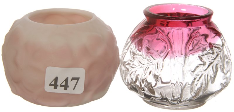 (2) ART GLASS TOOTHPICK HOLDERS: (2) ART GLASS TOOTHPICK HOLDERS (1) PINK AND WHITE SATIN WITH EMBOSSED PANSY DECOR - (1) RUBINA ROYAL OAK SQUARE HOLDER