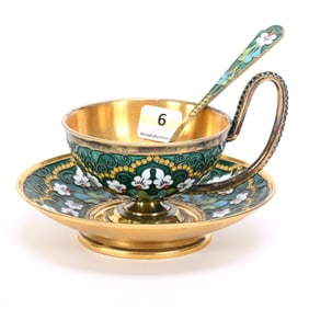 Cup & Saucer, Matching Spoon, Russian Enamel