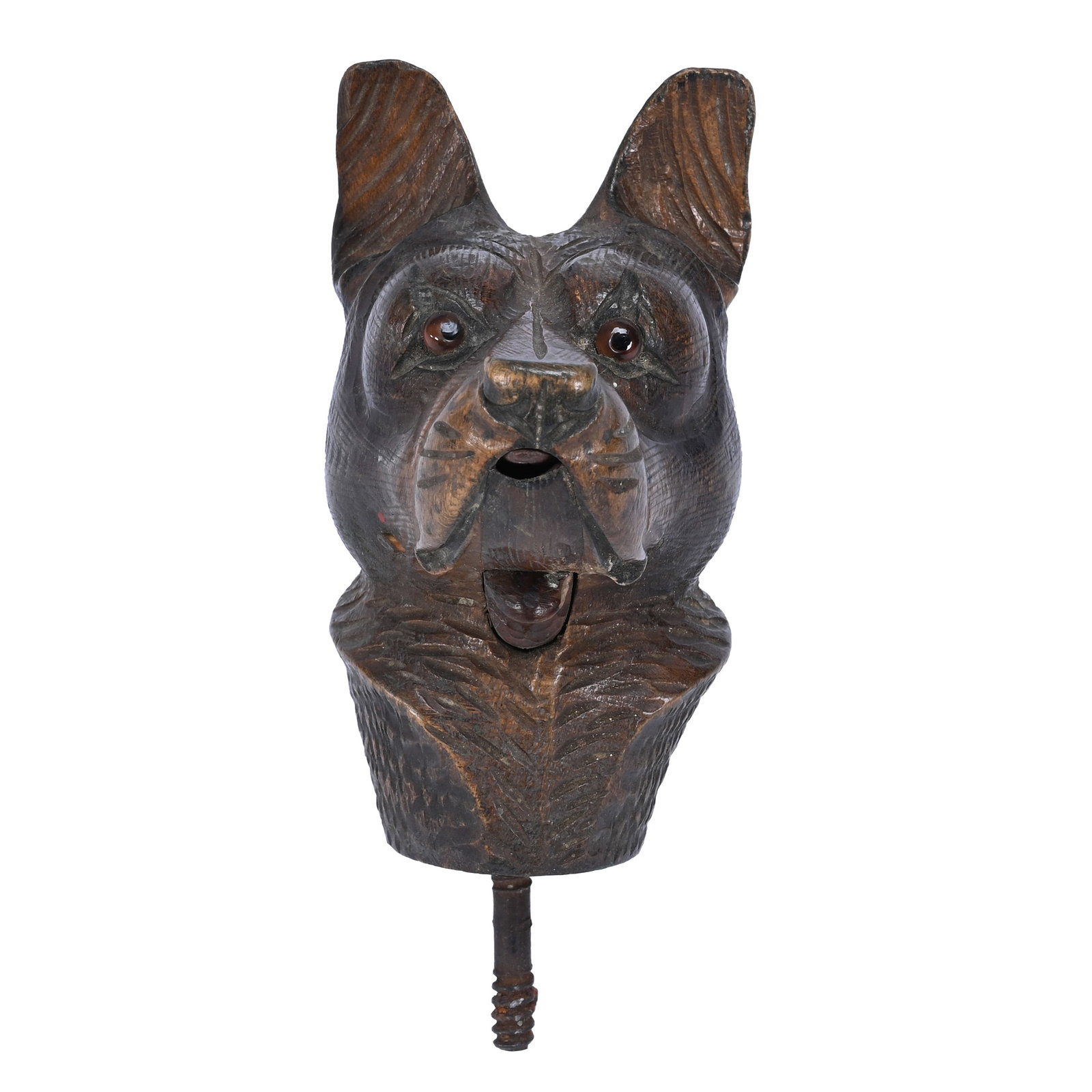 Black Walnut Carved Bottle Topper: Black Walnut Carved Bottle Topper, 4.25" x 2.25", Carved Dog With Mechanical Spring Loaded Tongue, Frank Cox Estate, Denver, Colorado.