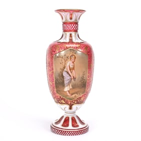 Pedestal Vase, Cranberry Art Glass, White Cutback