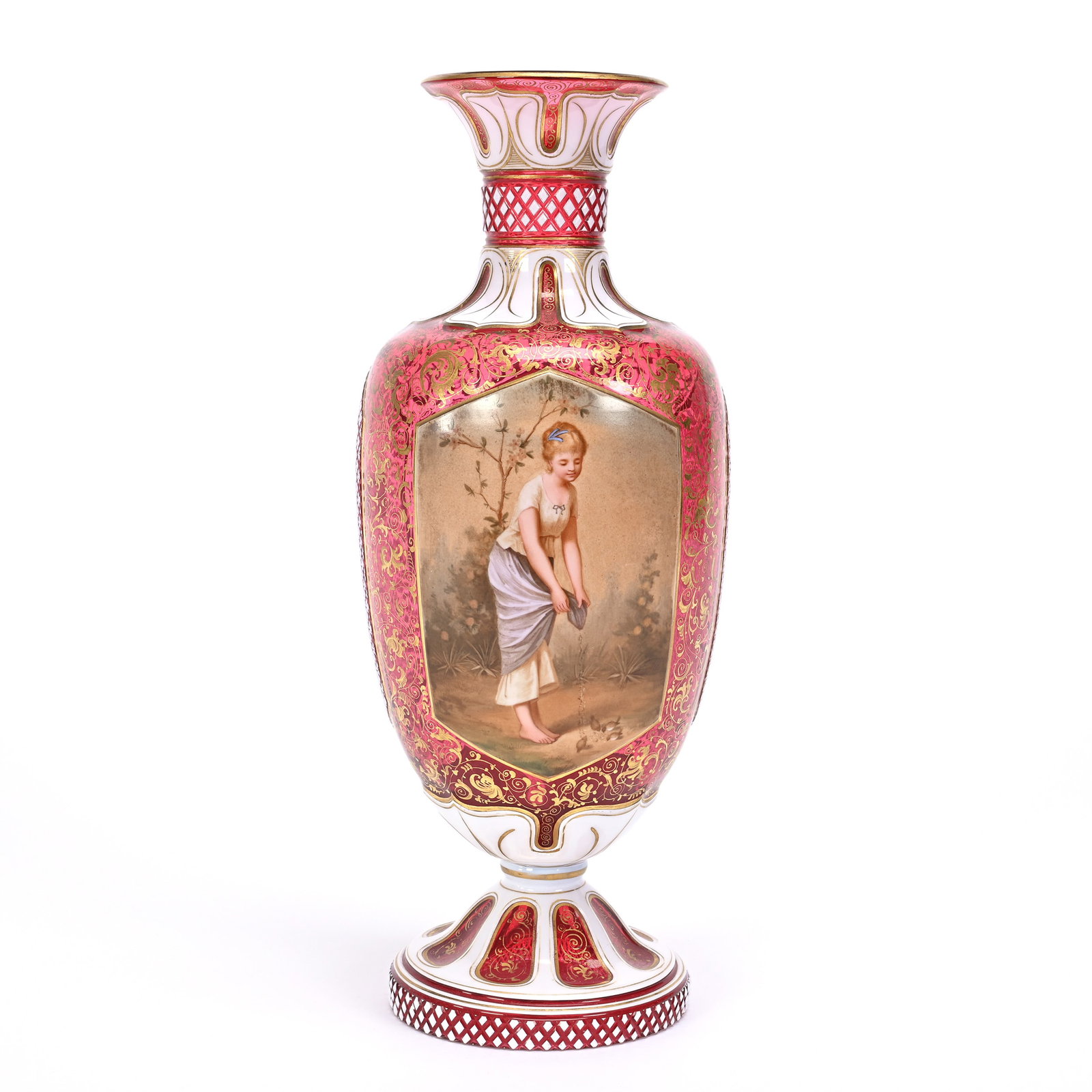 Pedestal Vase, Cranberry Art Glass, White Cutback (1 of 3)