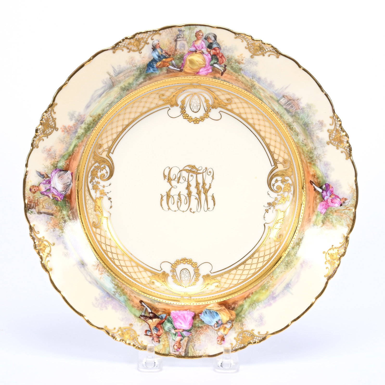 Bowl Marked Dresden: Bowl Marked Dresden, 9.75", Cream Ground With Elaborate Hand Painted Courting Scenes Decor, Heavy Gold Stencil With Monogram, Frank Cox Estate, Denver, Colorado.