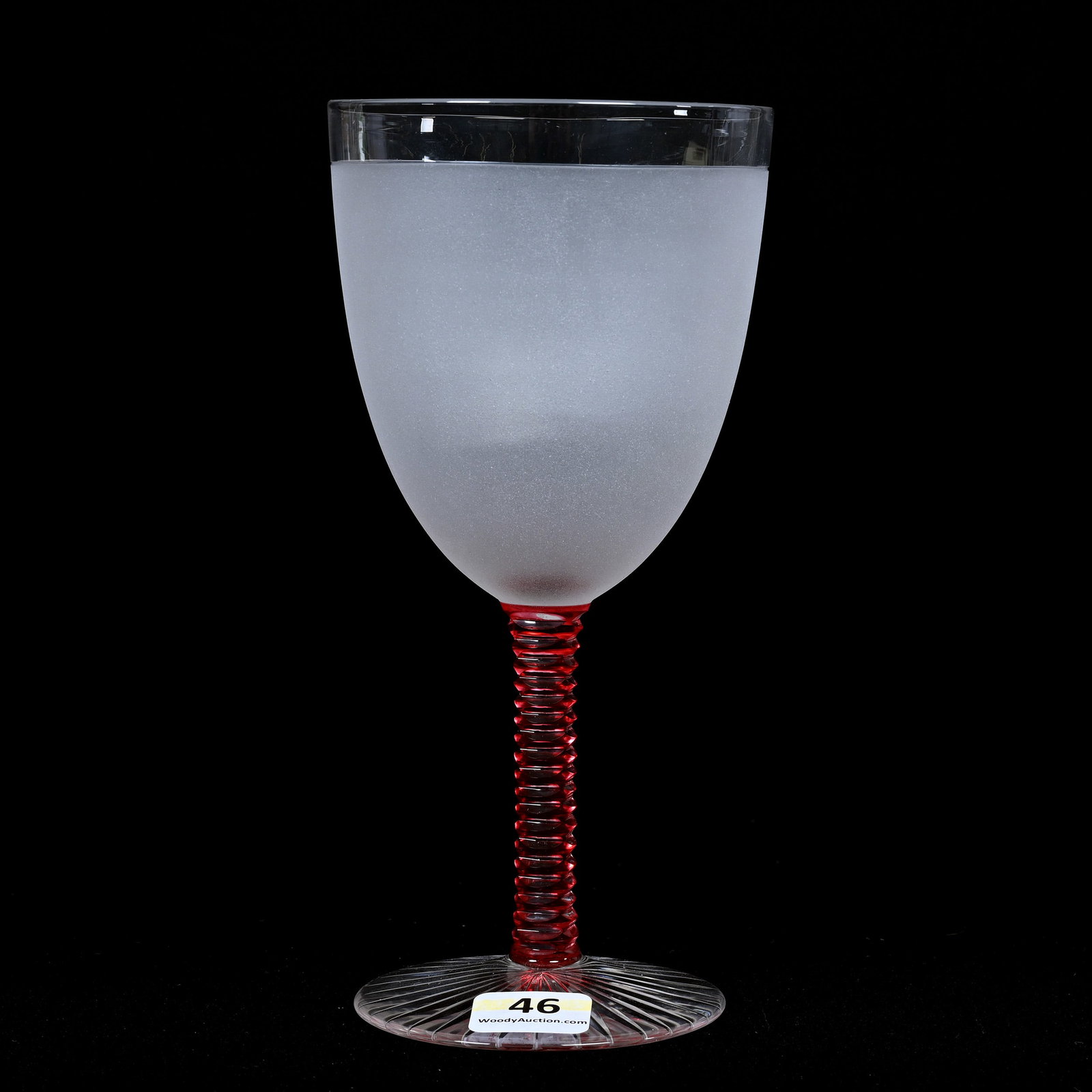 Goblet, Clear Frosted Bowl, Cranberry Stem: Goblet, Clear Frosted Bowl, Cranberry Stem, 6.75" x 3.25", Cut And Notched Stem, Attributed To Sandwich Glass, Frank Cox Estate, Denver, Colorado.