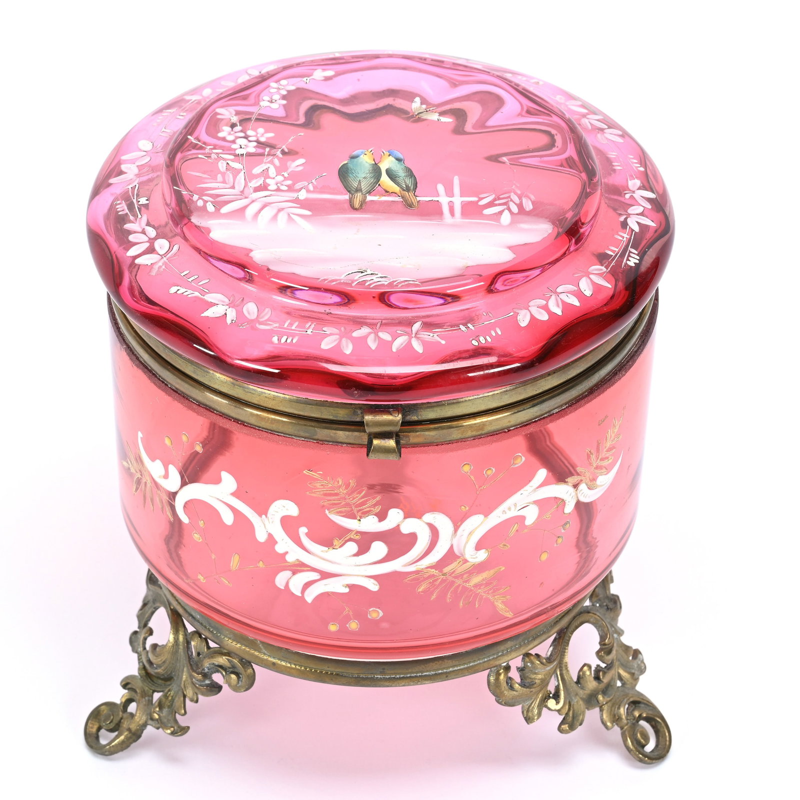 Vanity Box, Cranberry Art Glass: Vanity Box, Cranberry Art Glass, 6" x 5.5", Gilt Metal Fittings, Enamel Bird Sitting On Fence Post Watching Insect, Frank Cox Estate, Denver, Colorado.