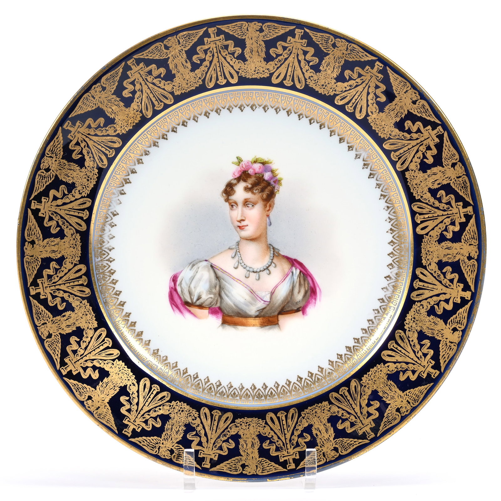 Plate Marked Sevres Titled "Marie Louise": Plate Marked Sevres Titled "Marie Louise", 9.5", Cobalt Blue Border, Gold Stencil Highlights, Frank Cox Estate, Denver, Colorado.